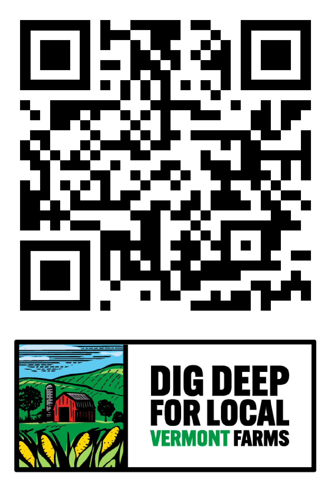 QR code and logo for Dig Deep Vermont donate page